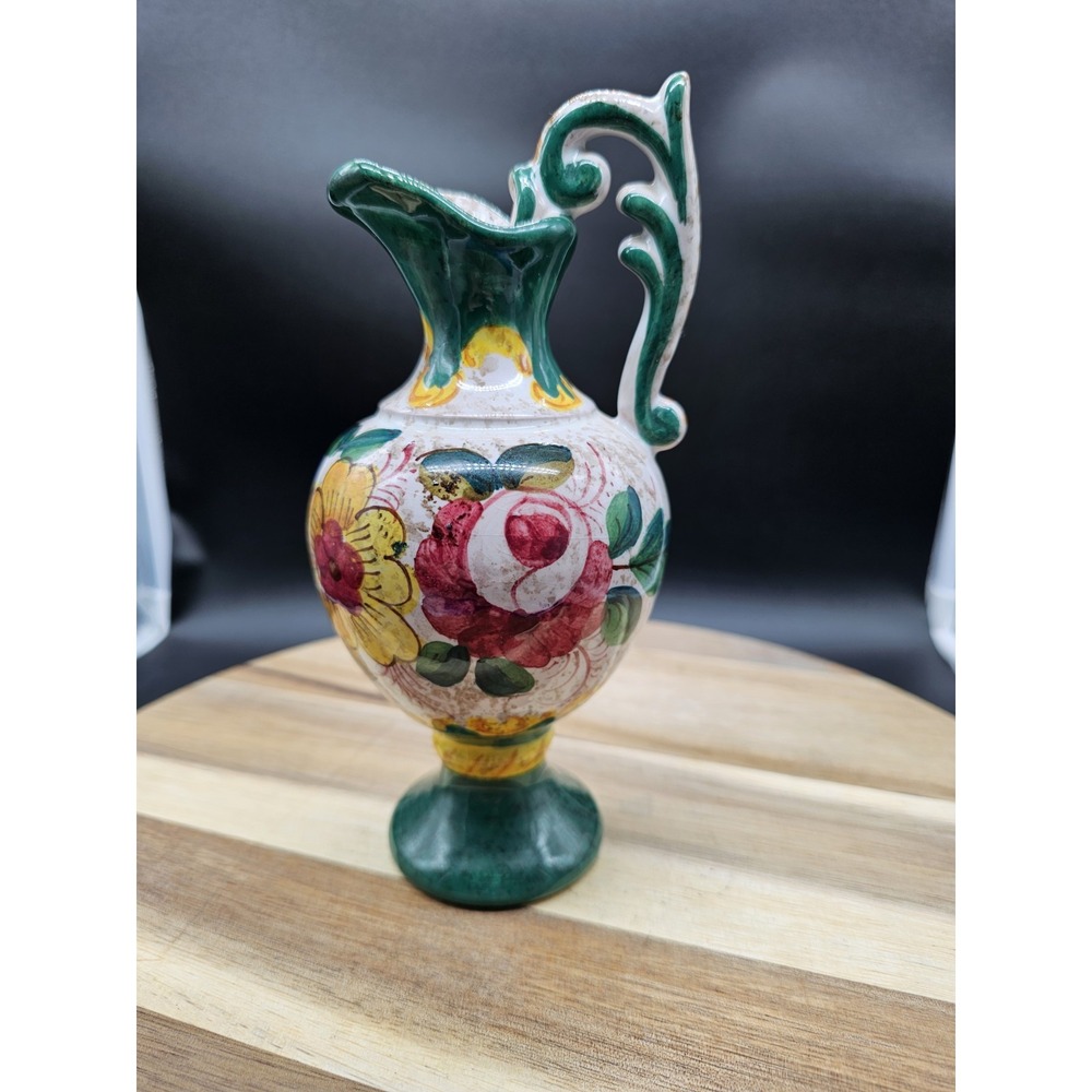 Vintage Italian Hand Painted Pottery Ewer‎ Jug Pitcher With Handle Vase Creamer